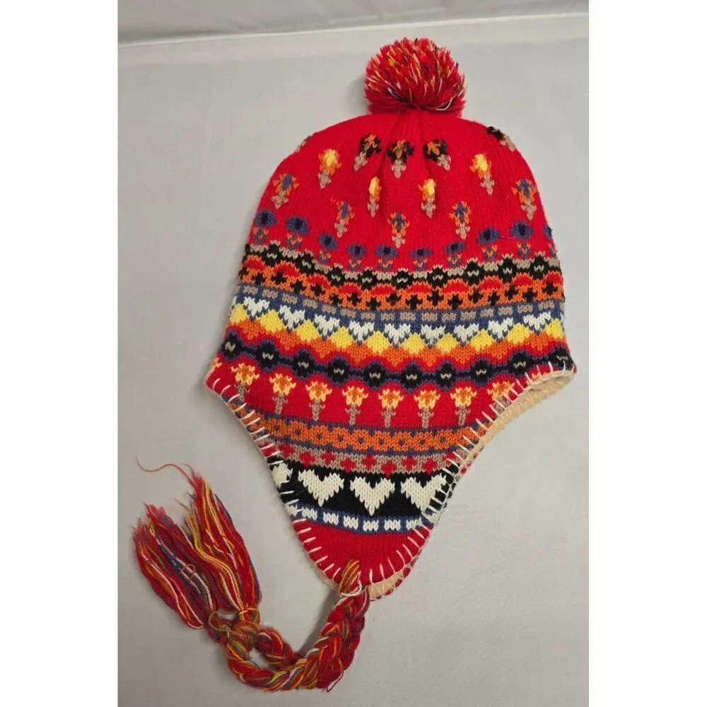 Knitted Earflap Winter Hat Pom-Pom Red Multicolor Nordic Pattern Wool blend